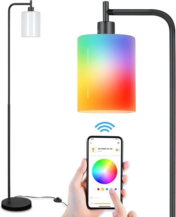 Floor Lamp, with White Jade Glass Shade, Smart WiFi E26 RGBW Dimmable LED Bulb(Warm to Daylight)