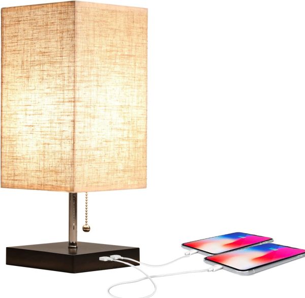 Modern Design Bedside Table Lamp with USB Port Minimalist Pull Chain Nightstand Table Lamp